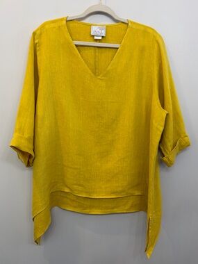 La Fixsun USA Womens Yellow Linen V Neck 3/4 Sleeve Double Layer Blouse Plus M